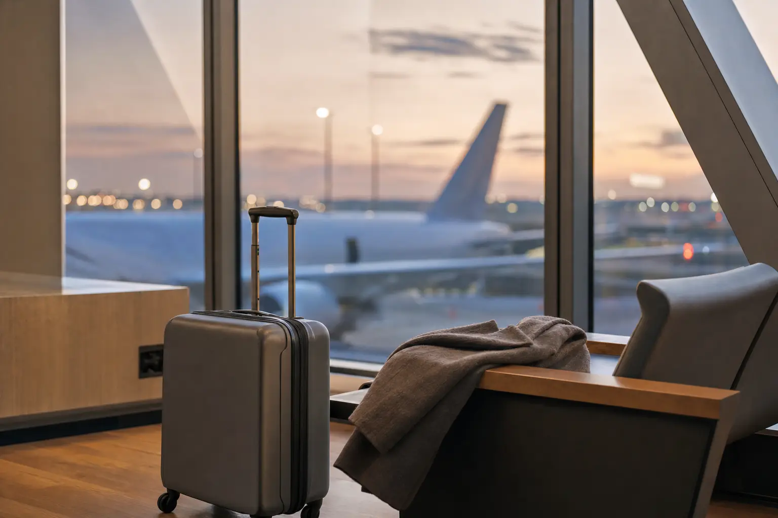 Valise cabine à une porte d’embarquement au crépuscule