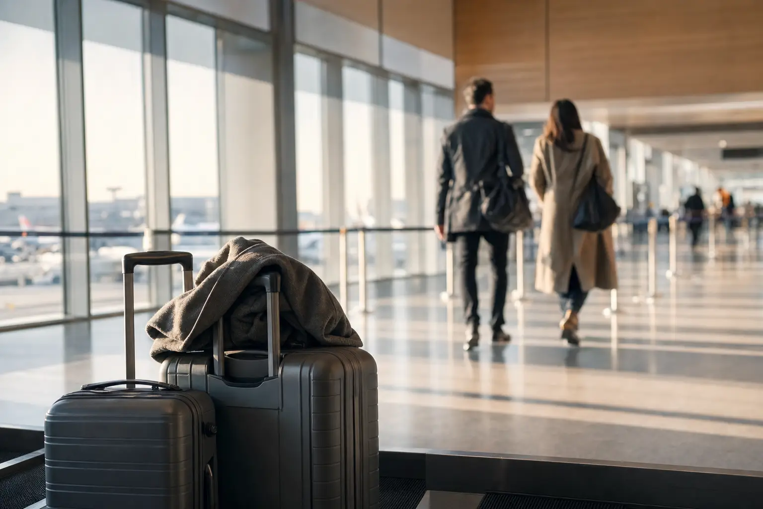 Deux valises enregistrées dans un hall de départ d’aéroport, avec des voyageurs qui marchent vers les portes
